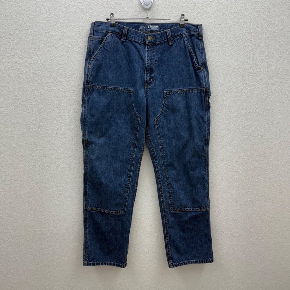 Carhartt Loose Straight Double Knee Denim Blue Jeans Pants 104944 Mens sz 38x32